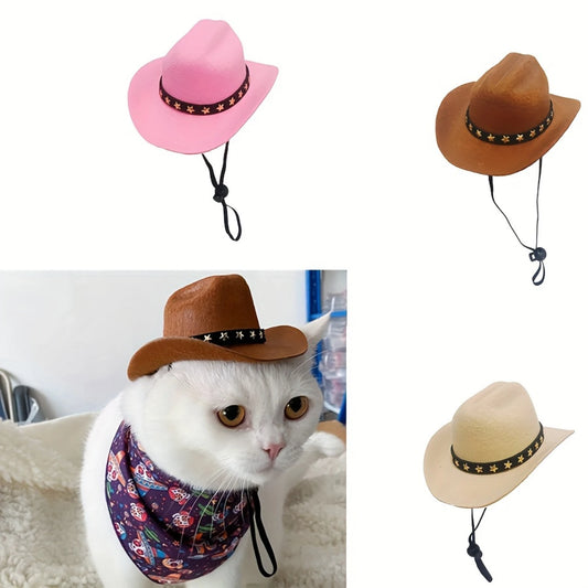 Chic Mini Cowboy Hat For Cats & Small Dogs With Star Accent - Adjustable Lace-Up Pet Accessory