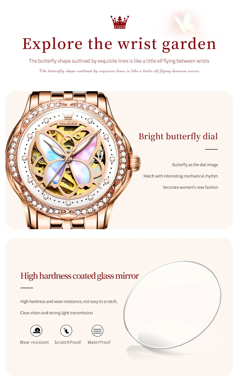 OLEVS Automatic Mechanical Watch for Women Colorful Fritillary Butterflies Luxury Elegant Ceramics Watchband Ladies Wristwatches