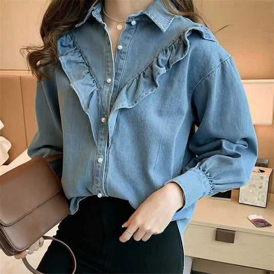 Women's Korean Style Ruffles Neck Denim Shirt Vintage Deep Blue Loose Double Pocket Long Sleeved Versatile Casual Coat Shirt