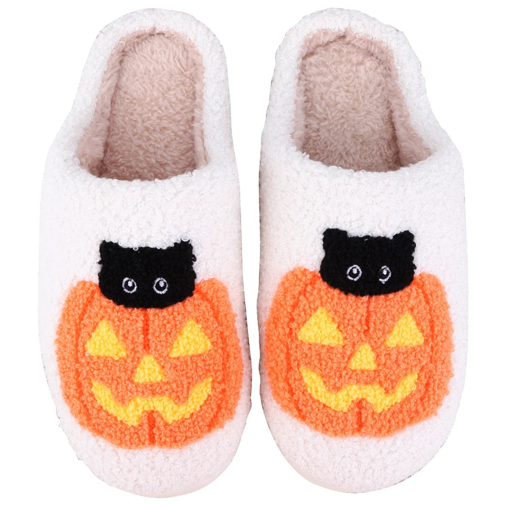 Men Women Slippers Cute Halloween Pumpkin Cat Casual Slippers for Winter Indoor Thermal Shoes Anti Slip Fluffy Footwear Slides