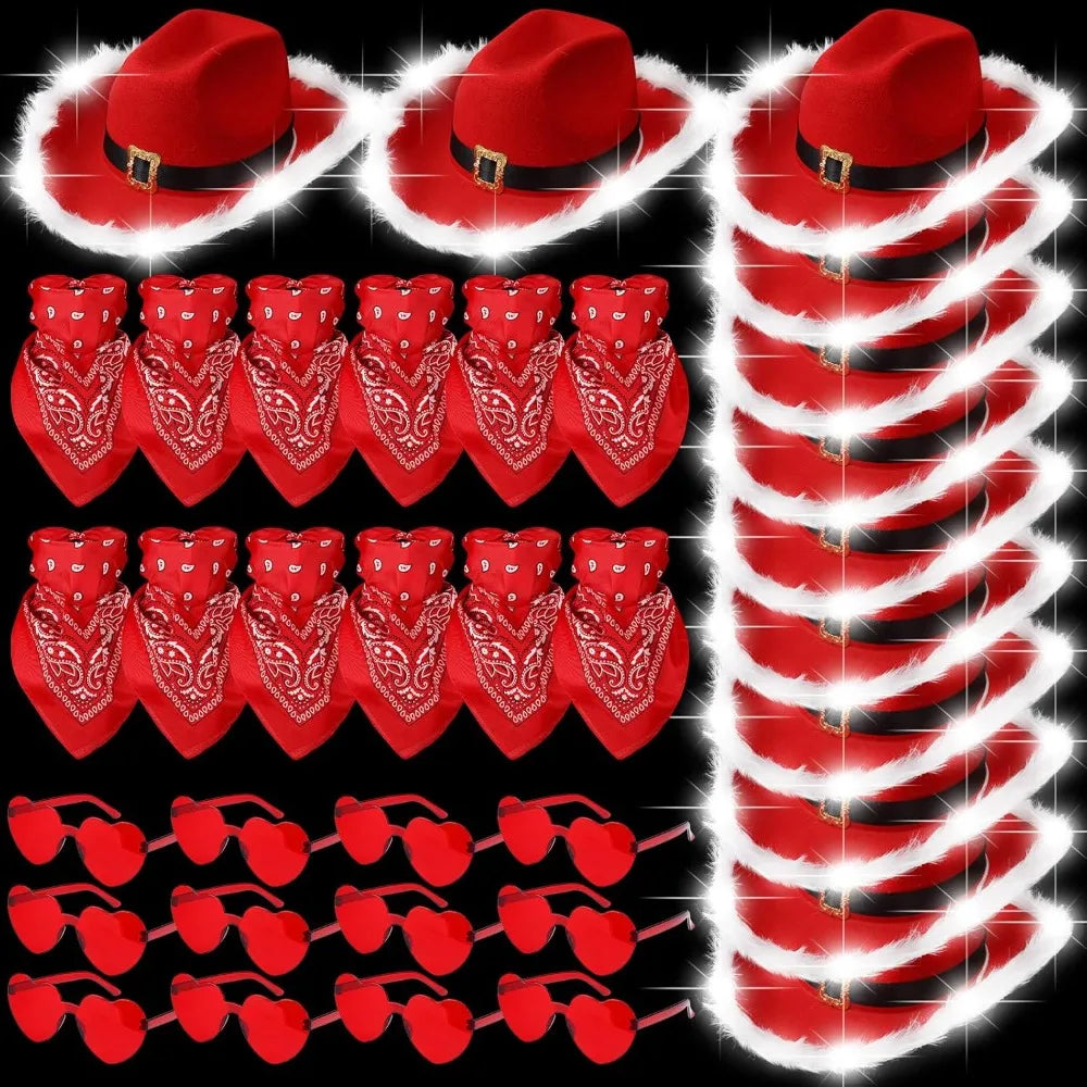 36 Pcs Light Up Santa Claus Cowboy Cowgirl Hats Set Christmas LED Light up Hat Vintage Paisley