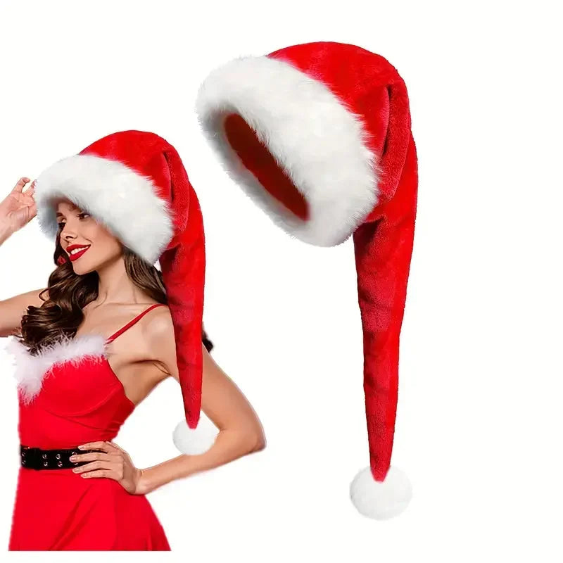 Merry Christmas Hats Thickened Long Plush Santa Claus Red Xmas Hats For Adult Kids Christmas New Year Party Decorations Gifts