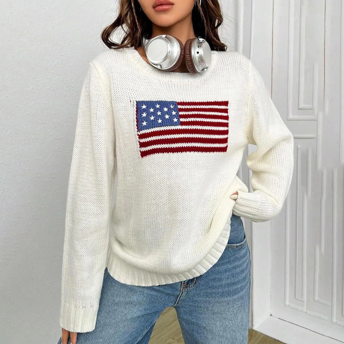 2024 New Womens Flag Print Sweater Autumn Knitted Sweater Elegant Jumper Casual O-Neck Knitwears Pullover