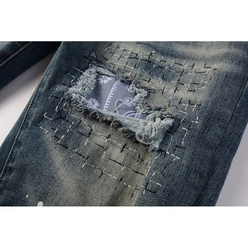 Americans High Street Style Classical Blue Skinny Distressed Button Fly Destroyed Holes Patchwork Slim Fit Graffiti Ripped Jeans