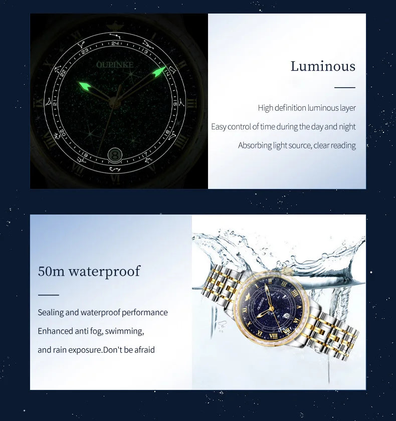 OUPINKE Top Luxury Brand Women's Watches Calendar Automatic Mechanical Watch Starry Sky Dial Romantic Gift Female Wristwatch