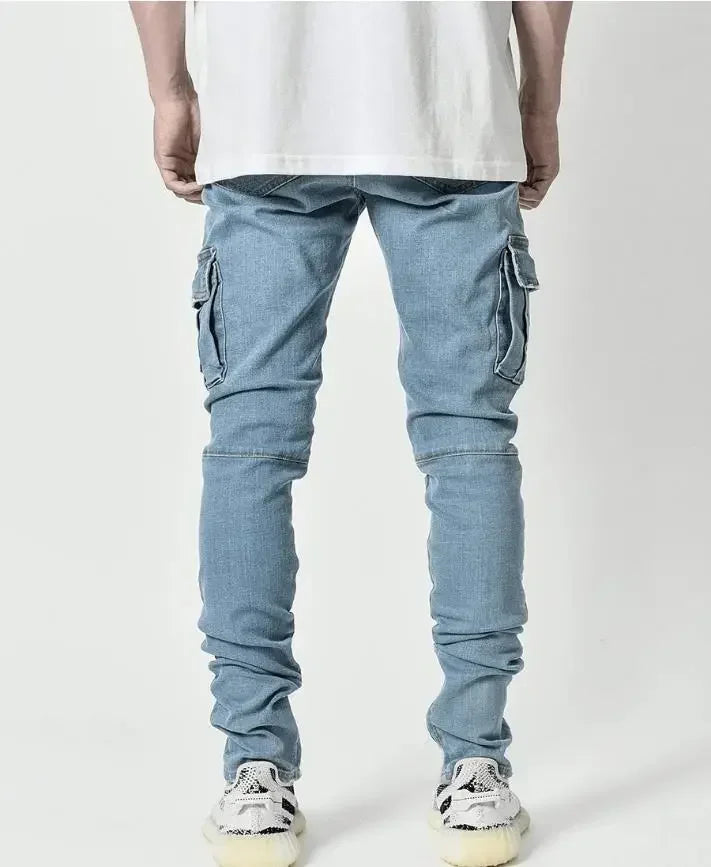 Solid Color Fashion Men Casual Pants Stretch Jeans Skinny Work Trousers Male Wash Slim Fit for Zippered Jeans Men Clothing