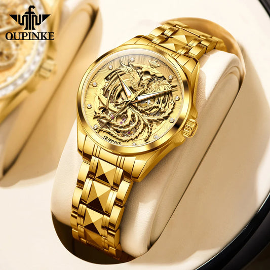 OUPINKE Women's Watches Luxury Fashion Original Automatic Mechanical Watch for Lady Golden Phoenix Dial Waterproof Luminous New