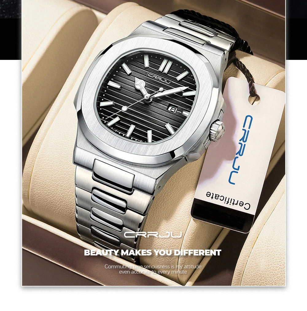 CRRJU Luxury Man Wristwatch Business Stainless Steel Quartz Men Watch Waterproof Luminous Date Square Men's Watches Clock