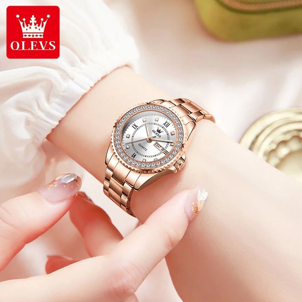 OLEVS Top Original Diamond Quartz Watch for Women Stainless Steel Waterproof Luminous Dual Calendar Luxury Women's Wristwatches