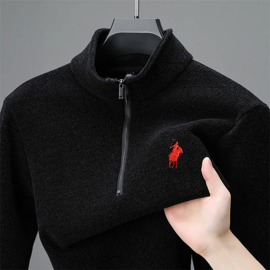 Luxury Brand Mens Knitte Pullover Sweater Winter Fashion Pony Embroidery Wool Sweater Trendy Half Zipper High Neck Warm Menswear