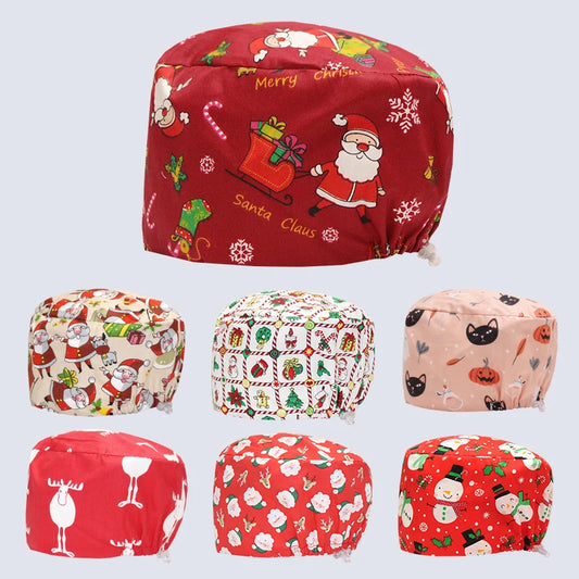 Santa Claus Print Surgical Caps Christmas Scrub Hats Dental Hospital Nurse Headwear Durable Medical Caps Soft Cotton K1093