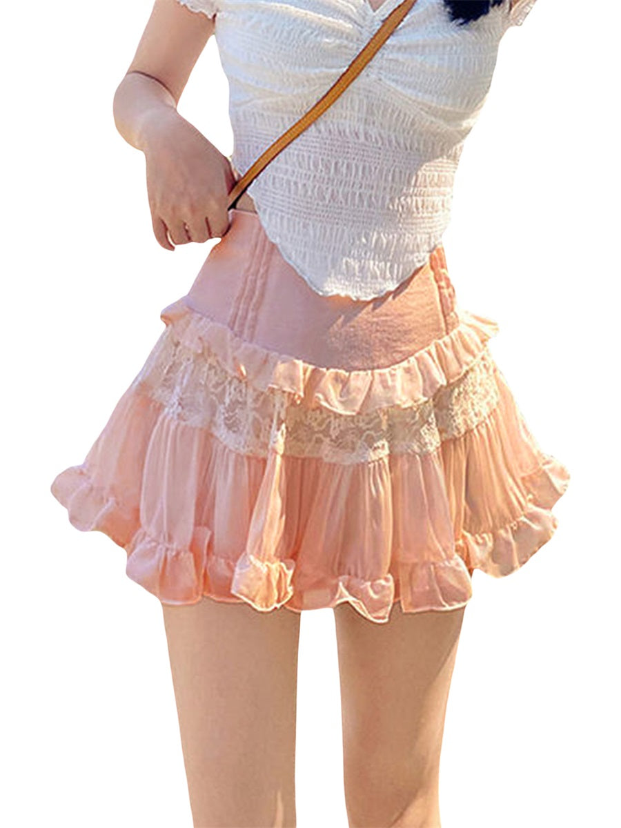 Women s Summer Mini Skirts Cute High Waist Lace Patchwork Ruffle Hem A-Line Skirts