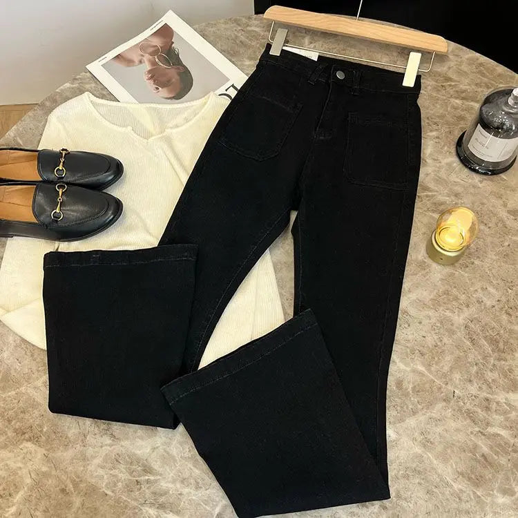 New High Waist Trousers Loose Washed Jeans Pockets Slim Denim Flare Classic Women Vintage Stretch Straight Trousers All-match