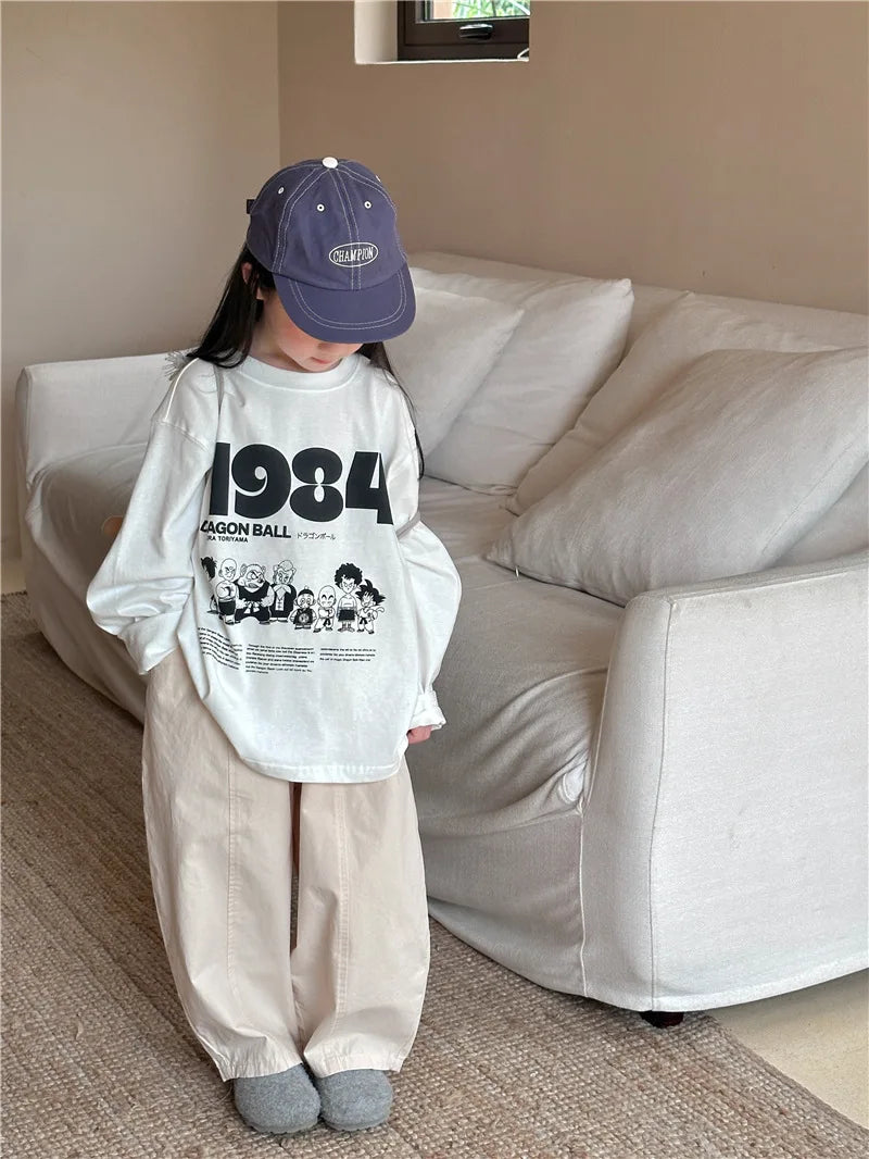 2024 Spring Boys and girls cartoon Letters cotton T shirts Kids O-Neck loose long sleeve Tops