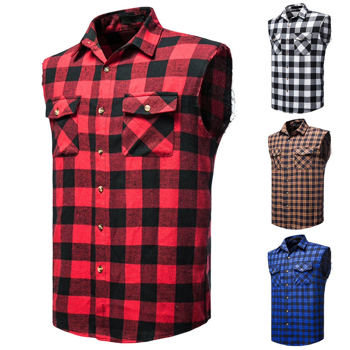 Men's Casual Flannel Plaid Shirt Sleeveless Double Pocket Cowboy Button Down Shirts Men Cotton Plus Size Vest Checkered Top 2XL