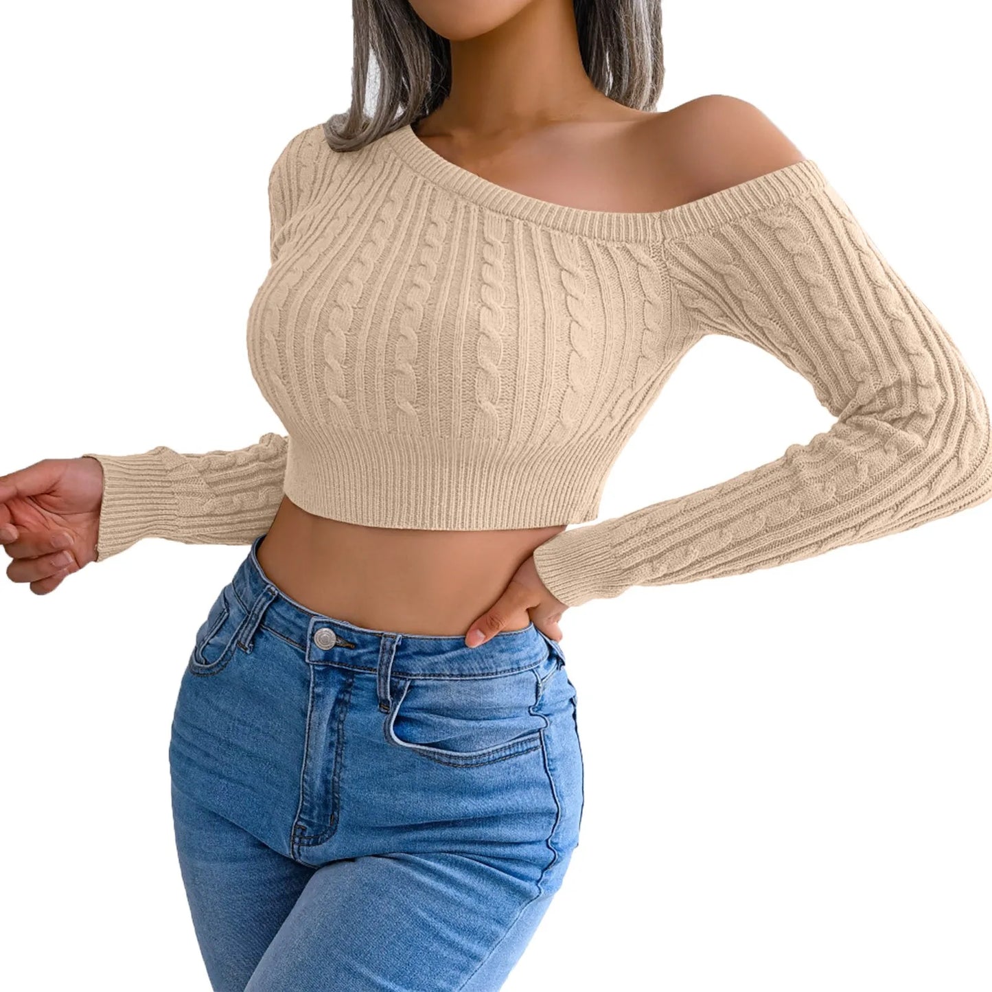 Women's Loose Knit Crop Sweater Skew Neck One Shoulder Solid Color Long Sleeve Elegant Short Pullover Tops Sueteres Para Mujeres