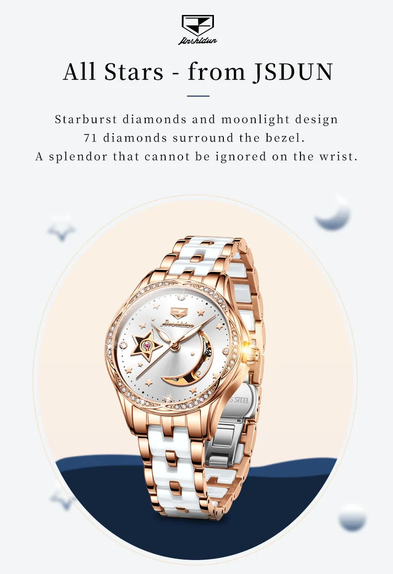 JSDUN Top Brand Fashion Elegant Women Watches Waterproof Automatic Mechanical Watch Ceramic Tape Luminous Luxury Original Watch