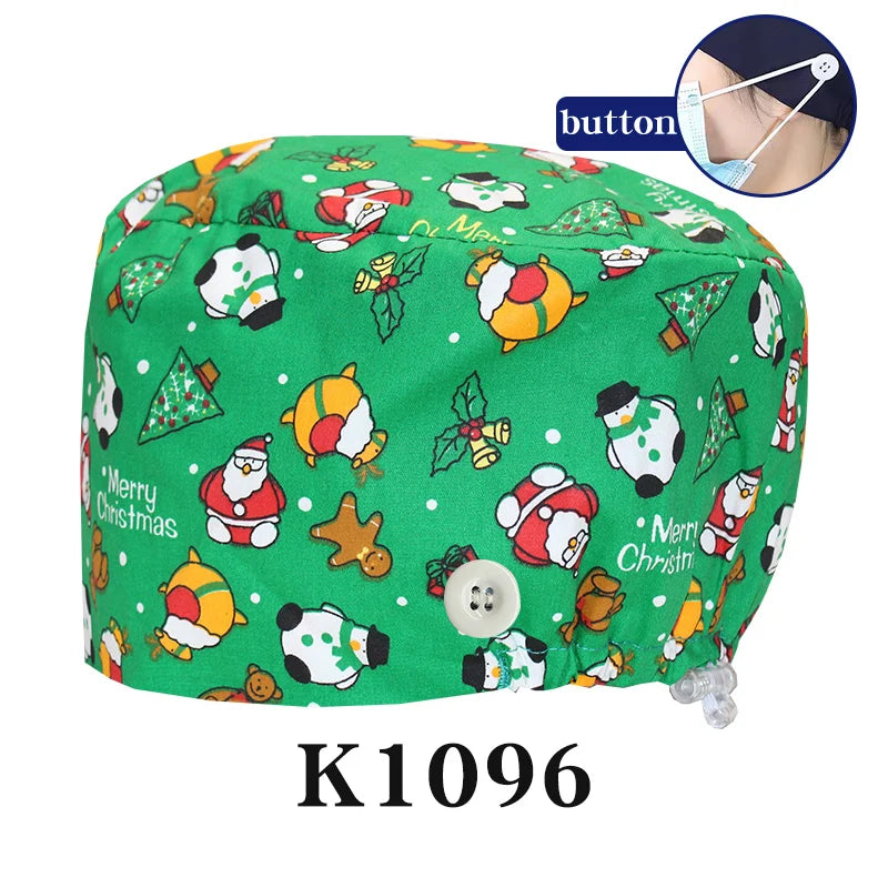 Santa Claus Print Surgical Caps Christmas Scrub Hats Dental Hospital Nurse Headwear Durable Medical Caps Soft Cotton K1093