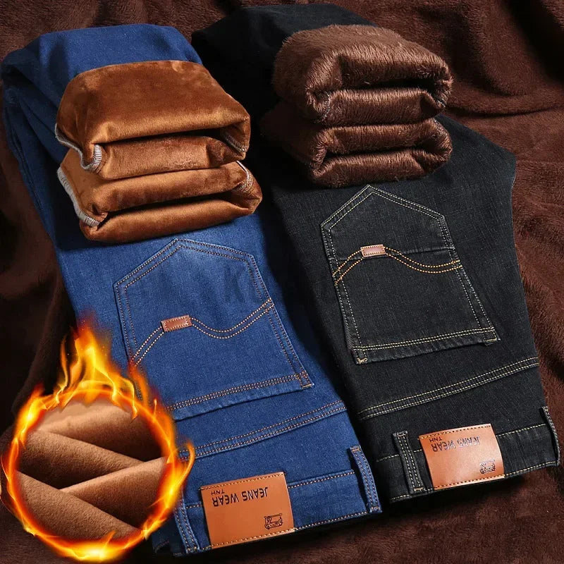 2024 Winter New Casual Men's Warm Fleece Jeans Classic Style Business Thicken Fur Regular Fit Denim Pants Brand Plush Trousers