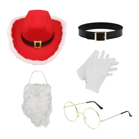 Santa Claus Costume Red Cowboy Hat 5X Santa Costume Kids Santa Beard Wig Comfortable Holiday Fun Costume For Photo Prop