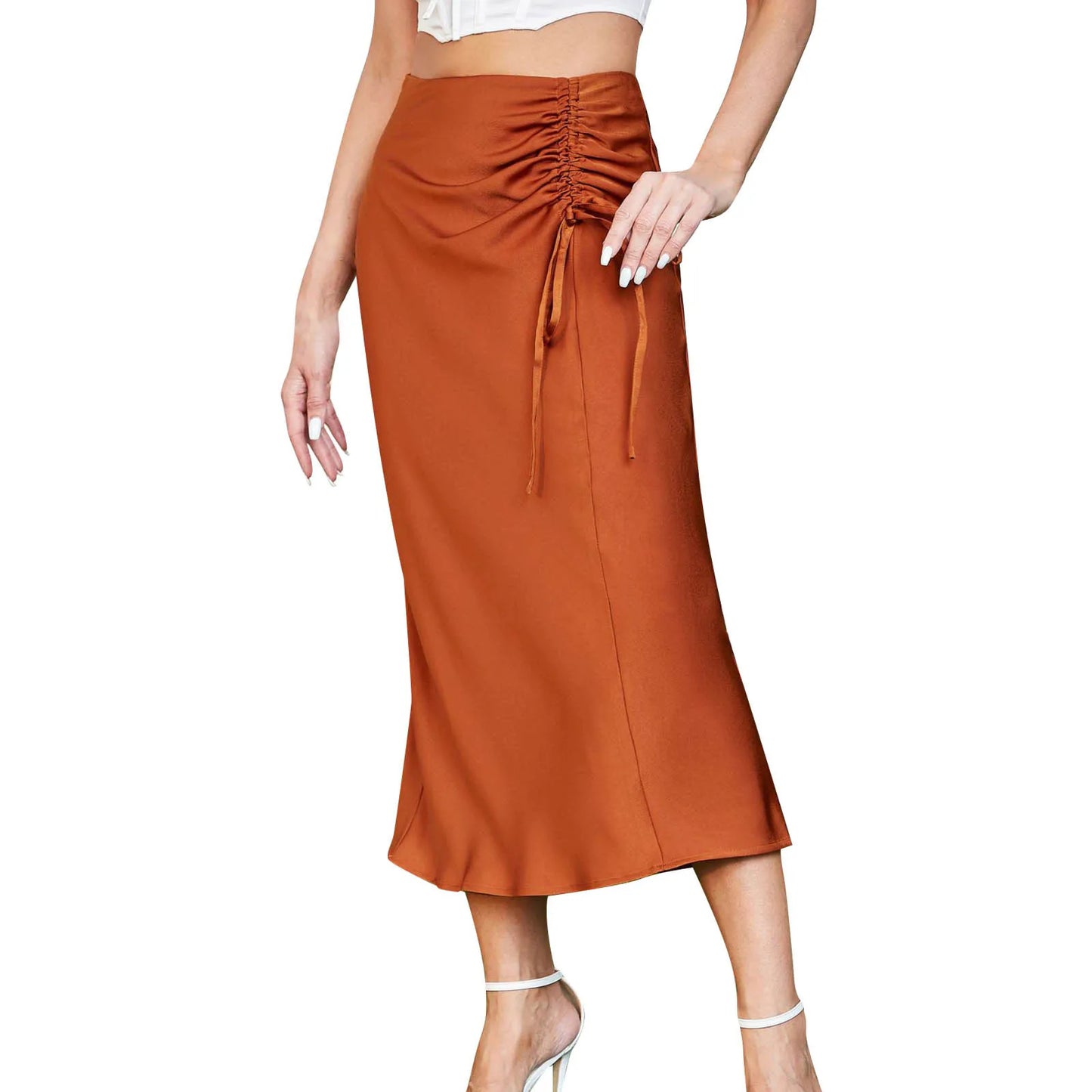 Women Elegant High Waist Ruched Shirring Satin Slim Fit Long Skirt Sexy Hip Wrapped Pleated Solid Color Skirt Chic Office Outfit