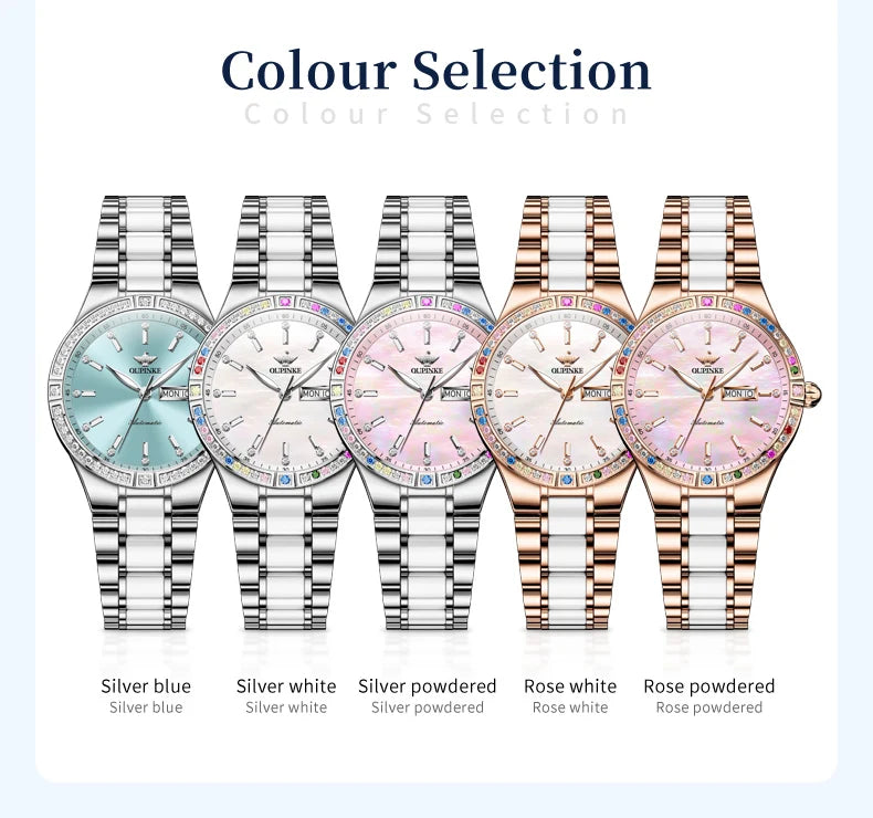 OUPINKE 3283 Women's Watch Elegant Ceramic Strap Luxury Brand Sapphire Calendar Week Waterproof Women Automatic Mechanical Watch