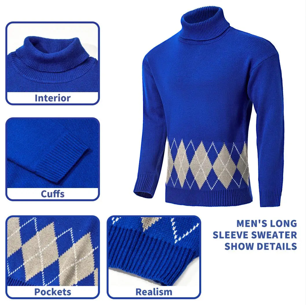 Men's Vintage Turtlenecks Sweater Argyle Thermal Knitted Pullover Fashion Luxury Sweaters Clothing New Style Oversized