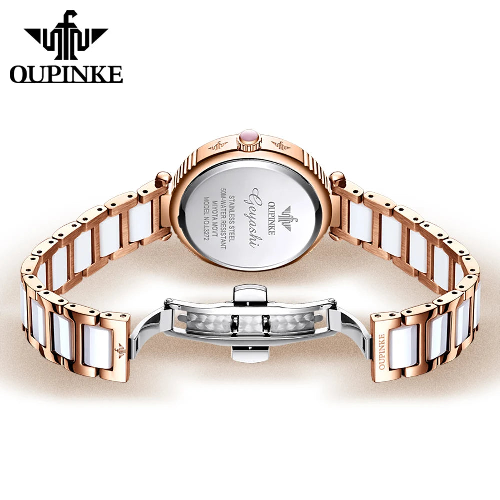 OUPINKE Original Elegant Fully Automatic Women's Mechanical Watches Waterproof Ceramic Tape Lucky Grass Watch for Women Luxury