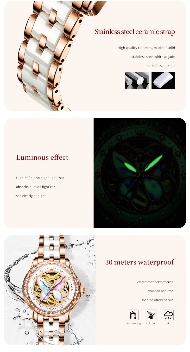 OLEVS Automatic Mechanical Watch for Women Colorful Fritillary Butterflies Luxury Elegant Ceramics Watchband Ladies Wristwatches