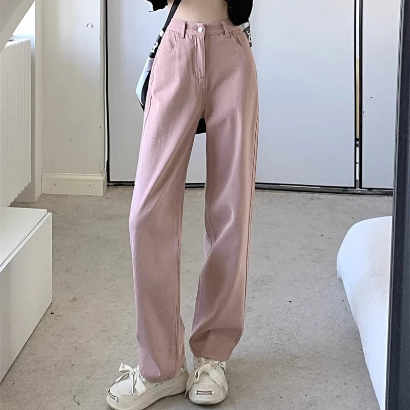 Woman Vintage Wide Leg Jeans Girls High Waist Pants Female Fashion Black Black Grey Retro Blue Light Blue Pink Denim Trousers