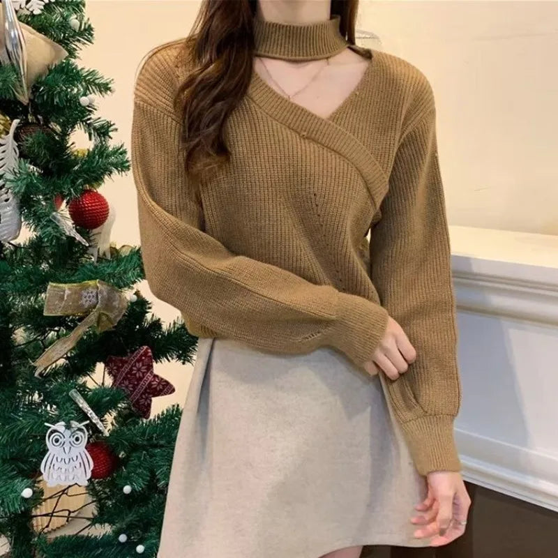 Women's Christmas Sweater Sexy Long Sleeved Sweater Warm Hanging Neck Off Shoulder Female Solid Color Tops