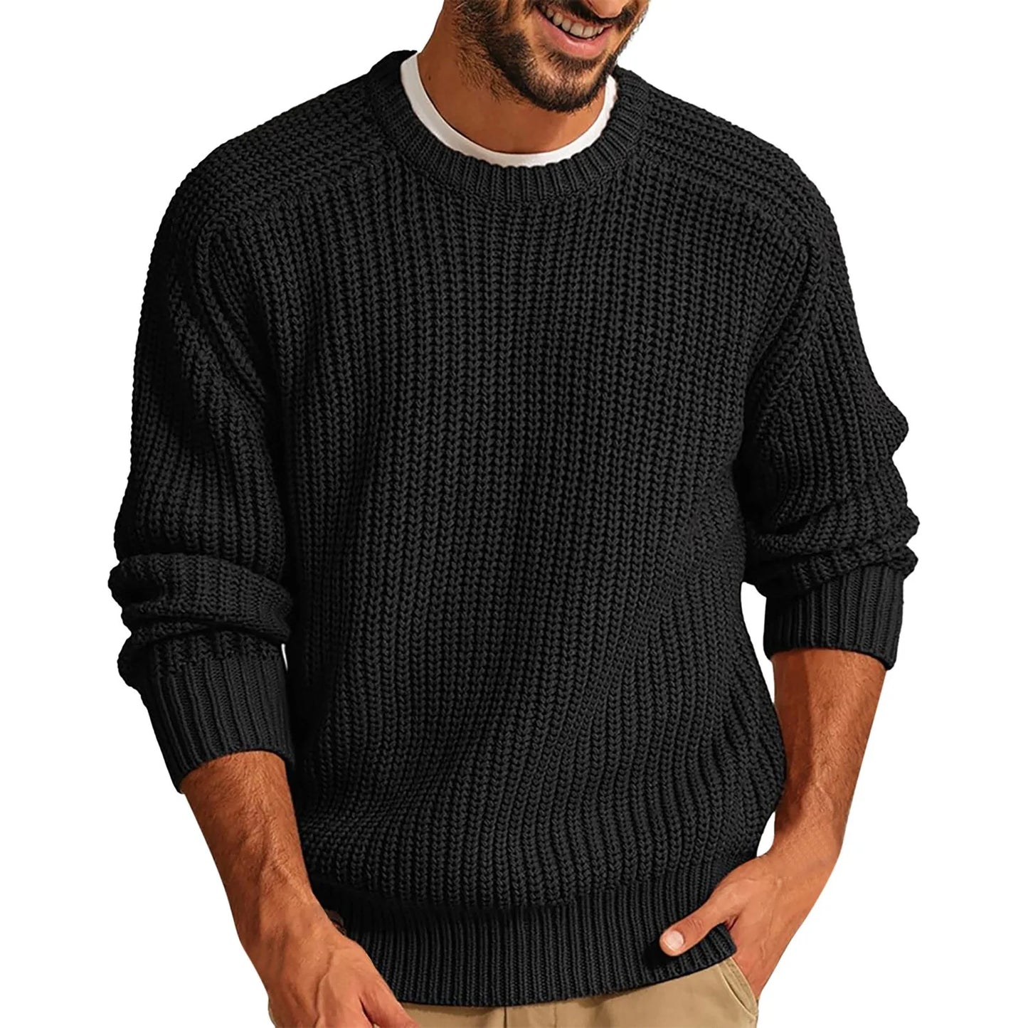 Autumn Winter Casual Brushed Knitted Sweater Men Round Neck Long Sleeve Base Shirt Tops Solid Color Loose Plain Sweaters