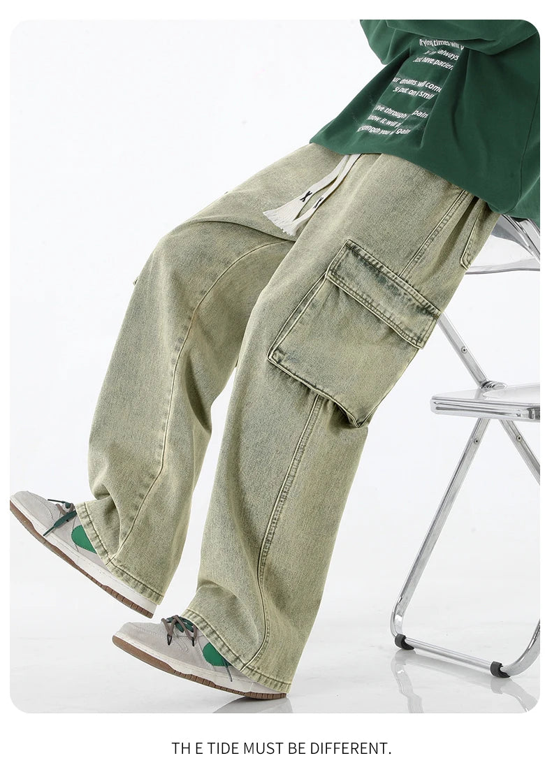 Autumn New Men Cargo Jeans Baggy American High Street Y2K Multi-pocket Youth Overalls Fashion Streetwear Vintage Wide Leg Pants