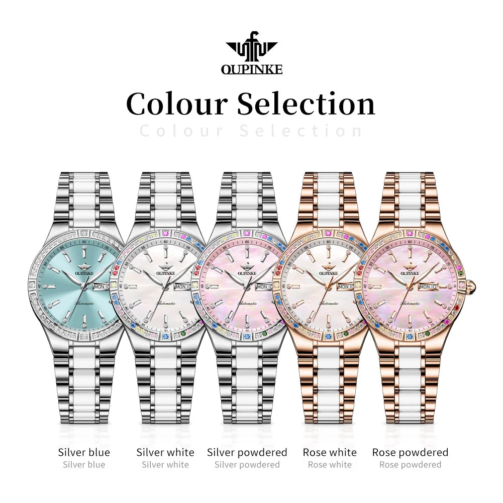 OUPINKE 3283 Women's Watch Elegant Ceramic Strap Luxury Brand Sapphire Calendar Week Waterproof Women Automatic Mechanical Watch