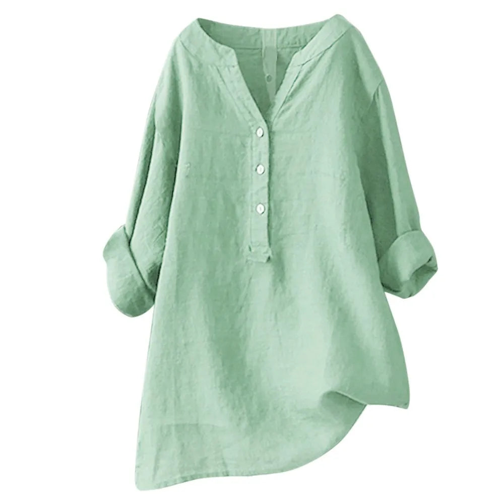 Women Solid Color Loose V-Neck Shirt  Button Loose Fit Long Sleeve Lady Tops Female Half Open Collar Casual Blouse Top