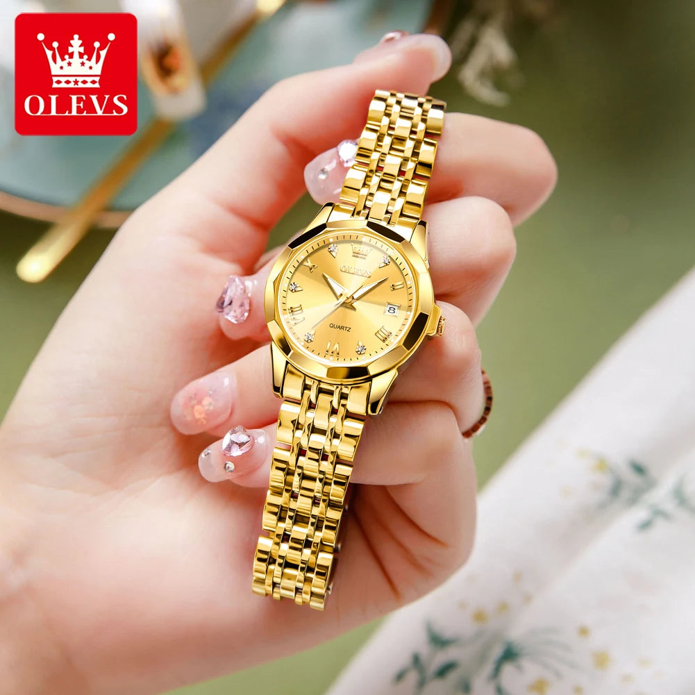 OLEVS Fashion Golden Watch for Women Stainless Steel Waterproof Women's Watches Elegant Original Luxury Ladies Quartz Wristwatch