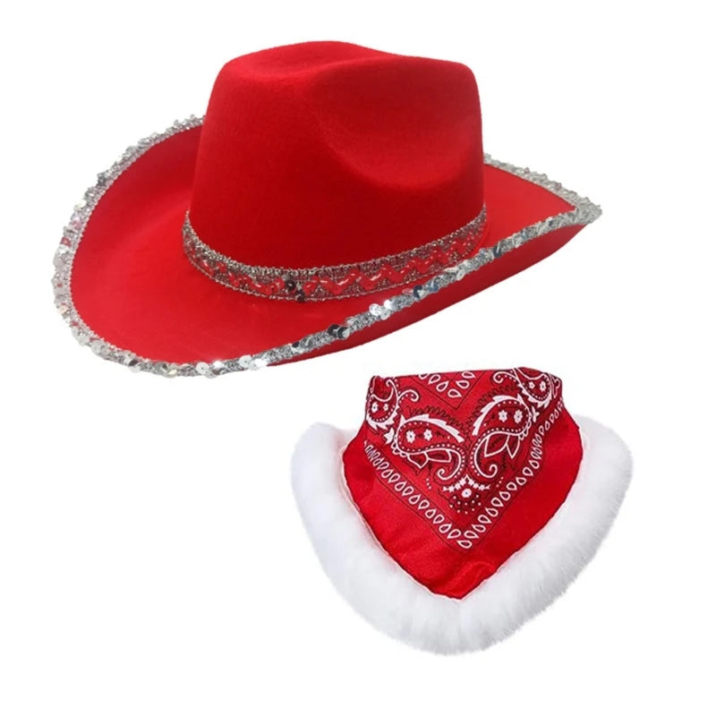 Stylish Scarf Cowgirl Hat Bandana Set for Christmas Party Photo Props Santa Hat with Beautiful White Brim