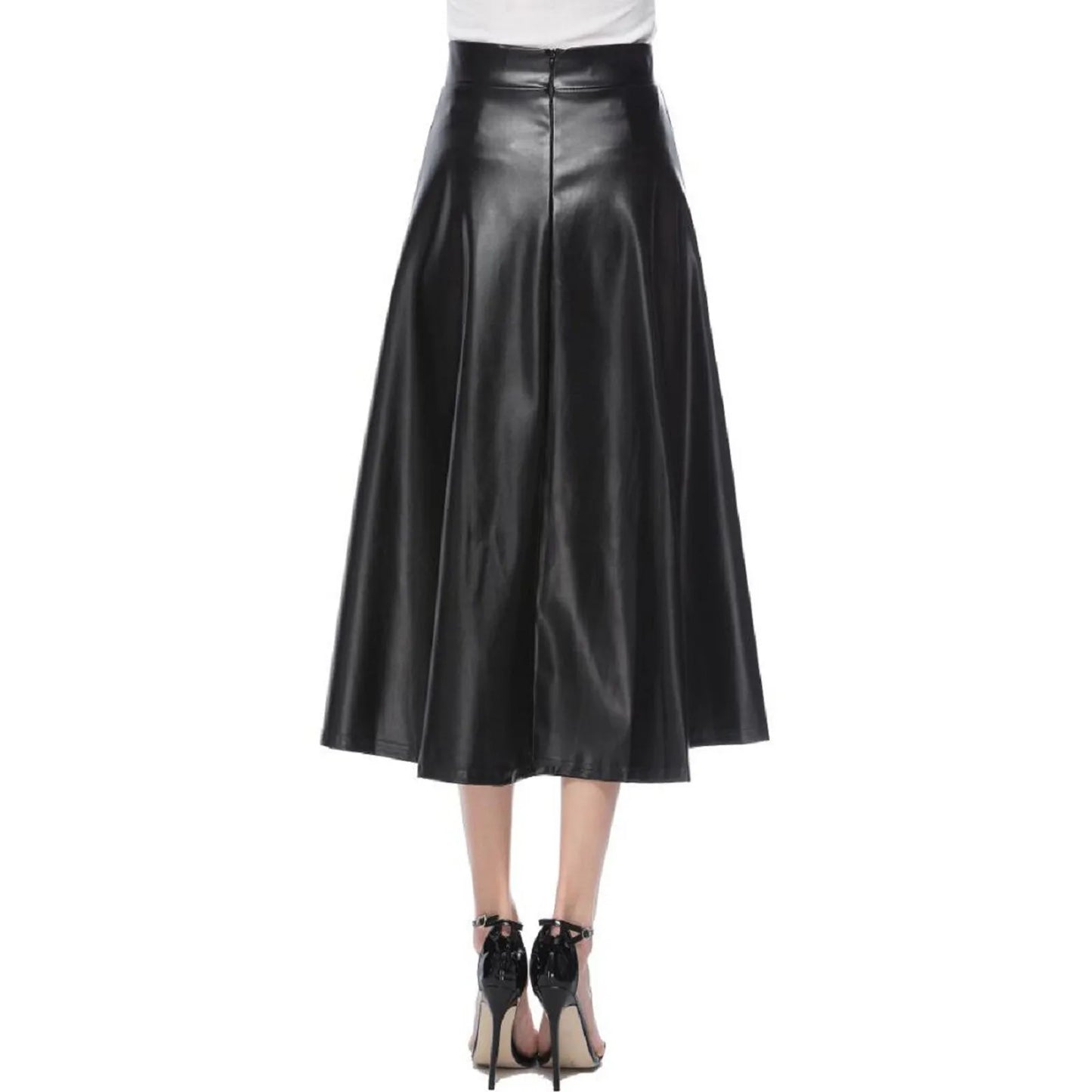 Faux Leather Skirt Women High Waist Solid Color A Line Pu Leather Midi Skirt Office Lady Business Skirts Streetwear Dress Up