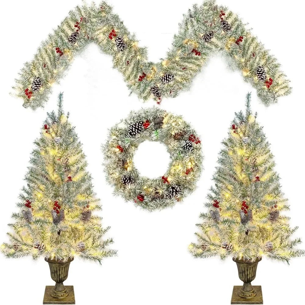 Christmas Tree Set of 4pc, Set of 2 Artificial Potted Entrance Trees with Lights 9FT Garland for Fireplace Front Christmas Trees