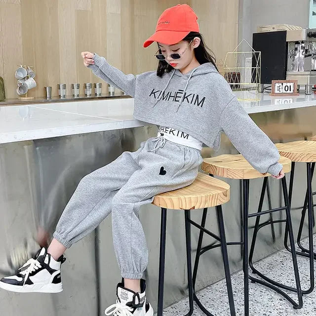 Girls Spring Casaul Fashion Korean Style Tracksuit Kids 3pcs Vest+Hoodie+Pants Sport Suits Teenage 5-14 Years Girls Clothing