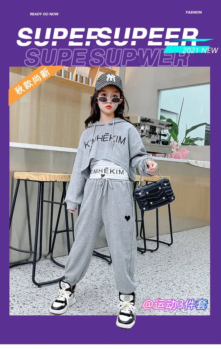 Girls Spring Casaul Fashion Korean Style Tracksuit Kids 3pcs Vest+Hoodie+Pants Sport Suits Teenage 5-14 Years Girls Clothing