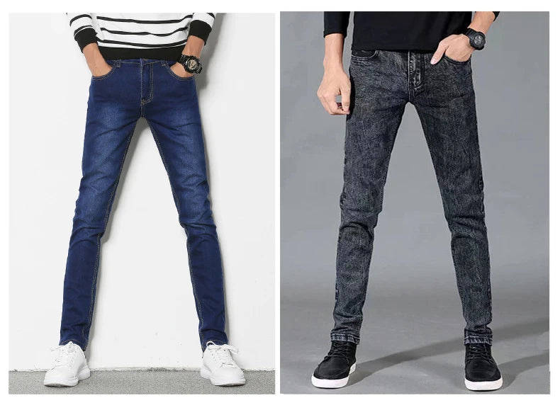 Fashion Mens Slim Fit Denim Pencil Pants High Quality Black White Skinny Stretch Jeans Mens High Street Jeans Four Season