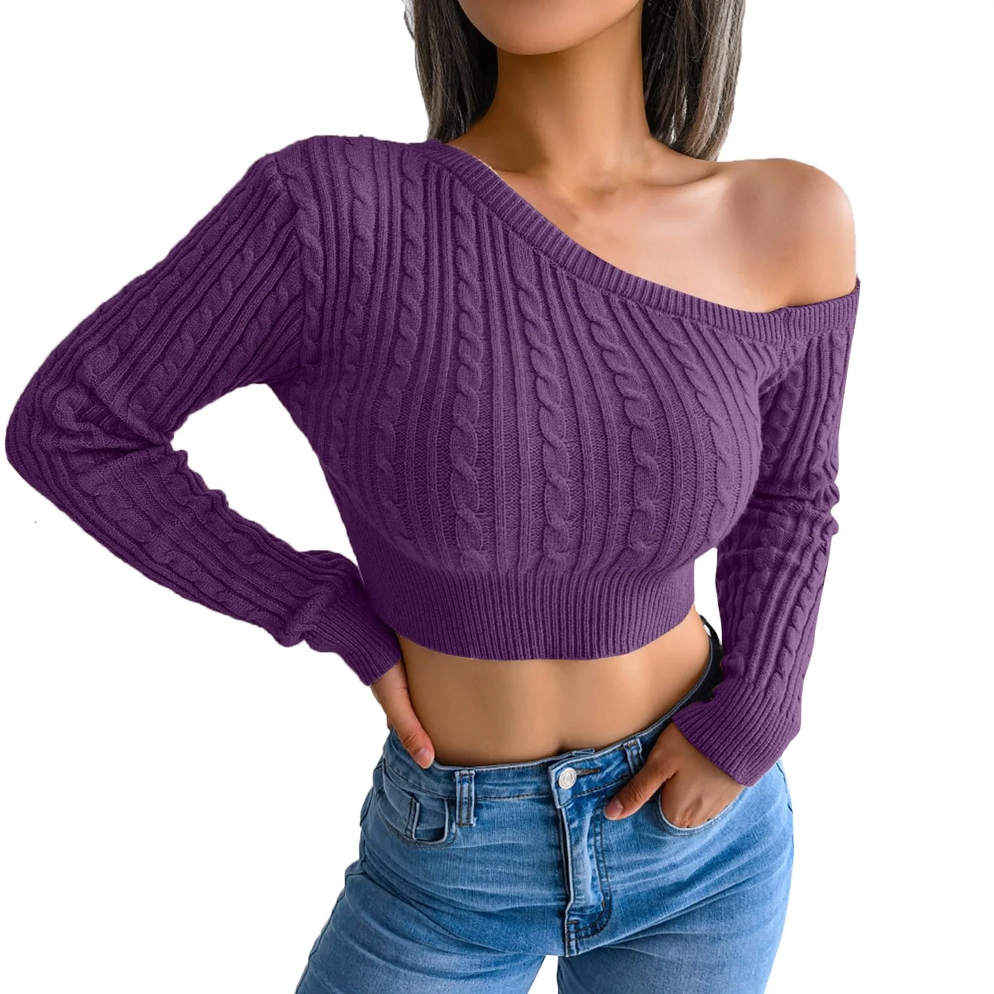 Women's Loose Knit Crop Sweater Skew Neck One Shoulder Solid Color Long Sleeve Elegant Short Pullover Tops Sueteres Para Mujeres