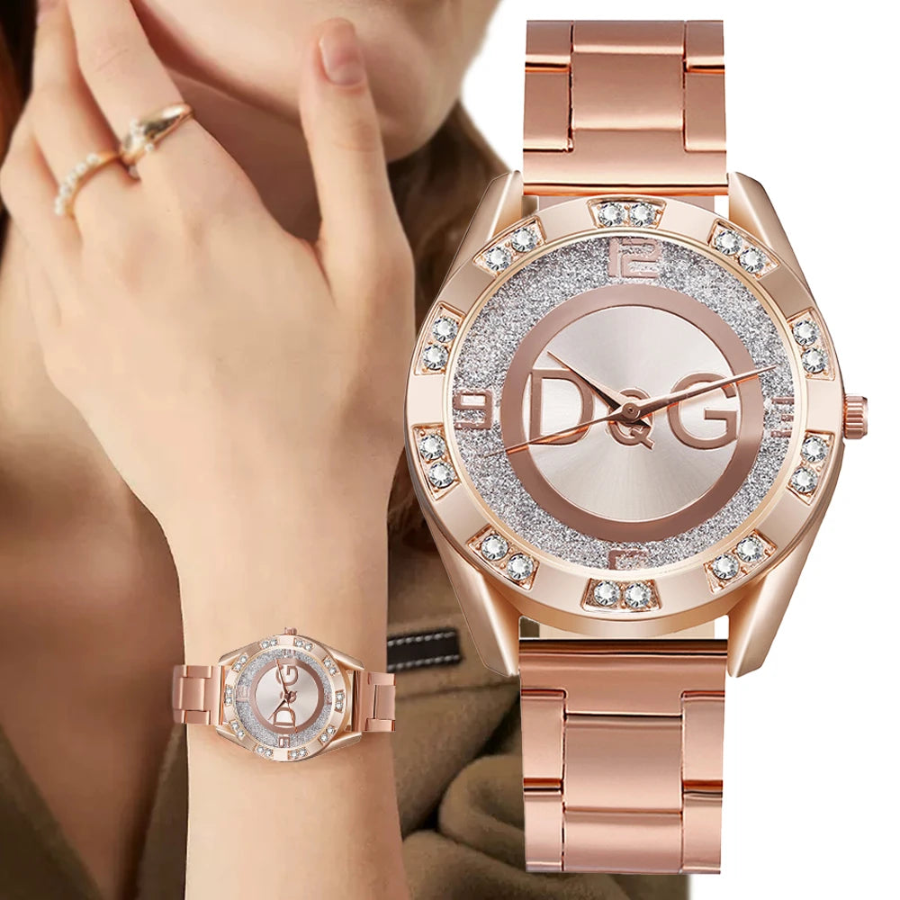 Luxury New Brand Women Watch Fashion with Diamonds Crystal Design Quartz Watches Leisure Rose Gold Stainless Steel Strap Clock