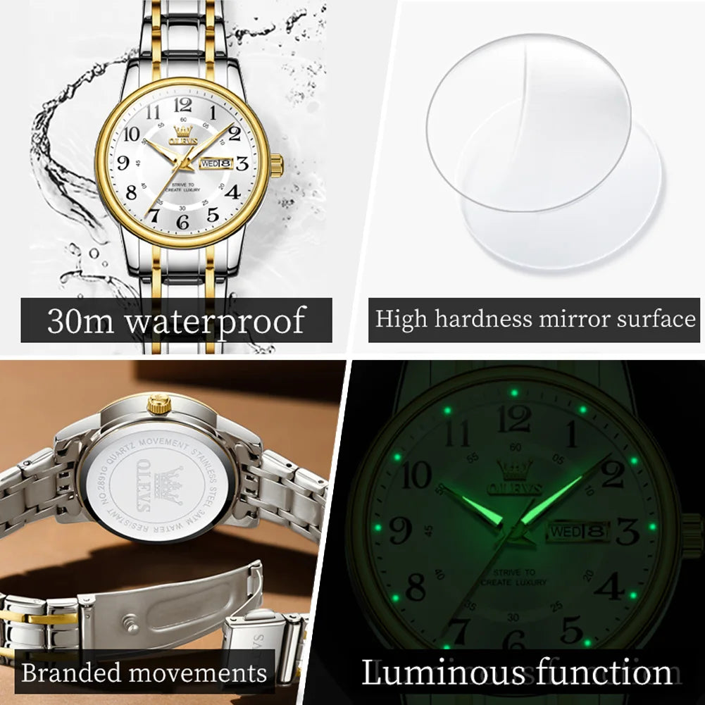 OLEVS New In Classic Digital Dial Quartz Women's Watch Waterproof Luminous Stainless Steel Strap Luxury Brand Ladies Dress Watch