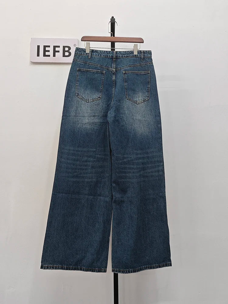 IEFB Men's Vintage Jeans Fashion Washed Street Casual Wide Leg Denim Pants Summer Distressed Loose Male Versatile Trousers 9C354