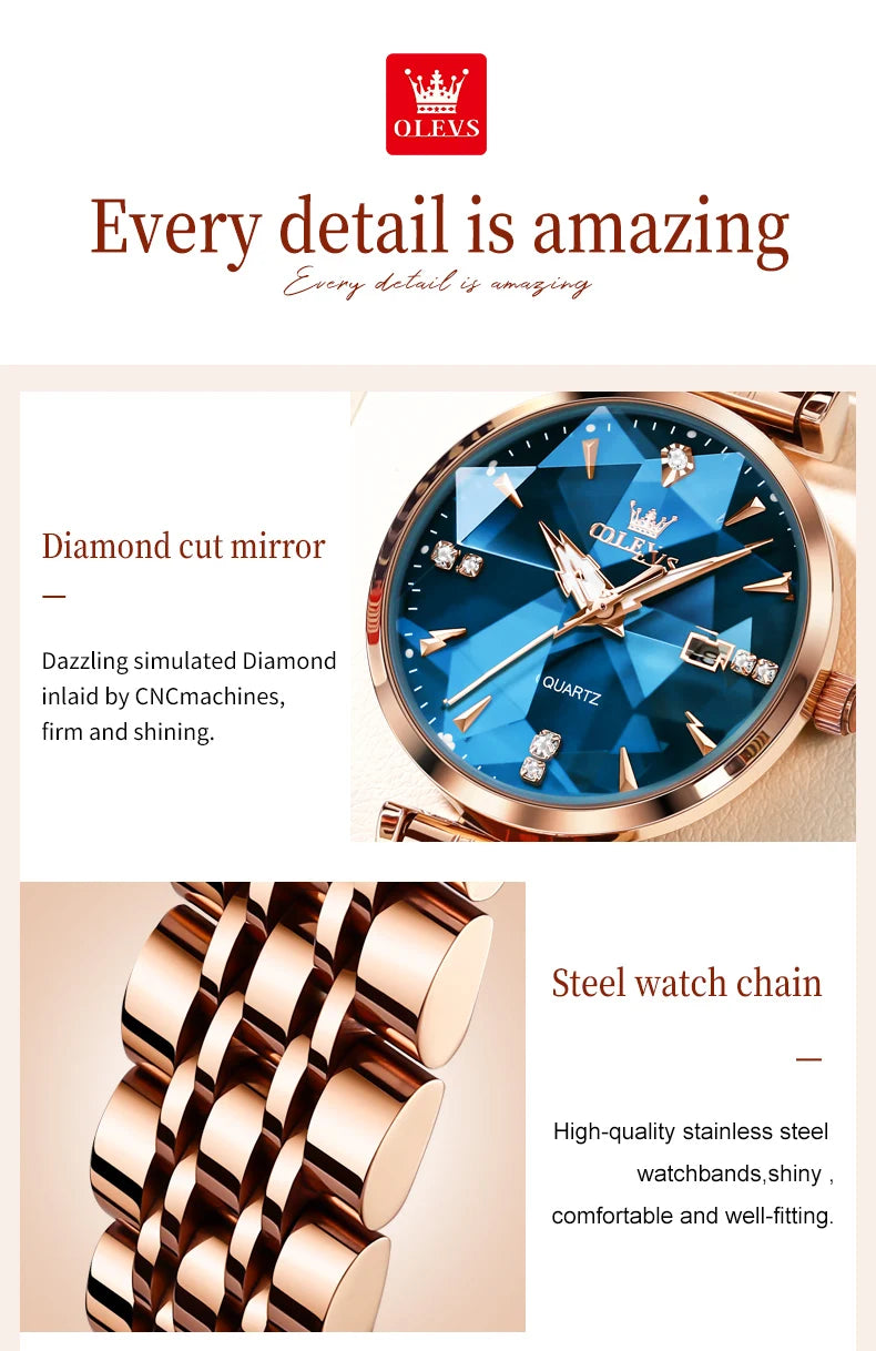 OLEVS Women's Watches New Luxury Quartz Original Fashion Trend Watch for Woman Glow Waterproof Diamond Inlay Date