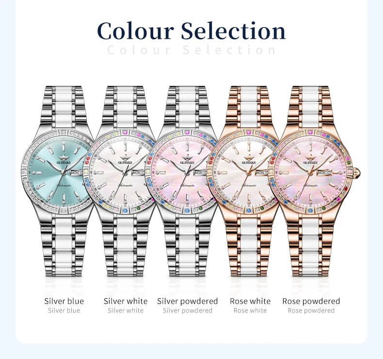 OUPINKE Mechanical Watch for Women Stainless steel Ceramic Strap Sapphire Mirror Waterproof Luminous Calendar Week Ladies Watch