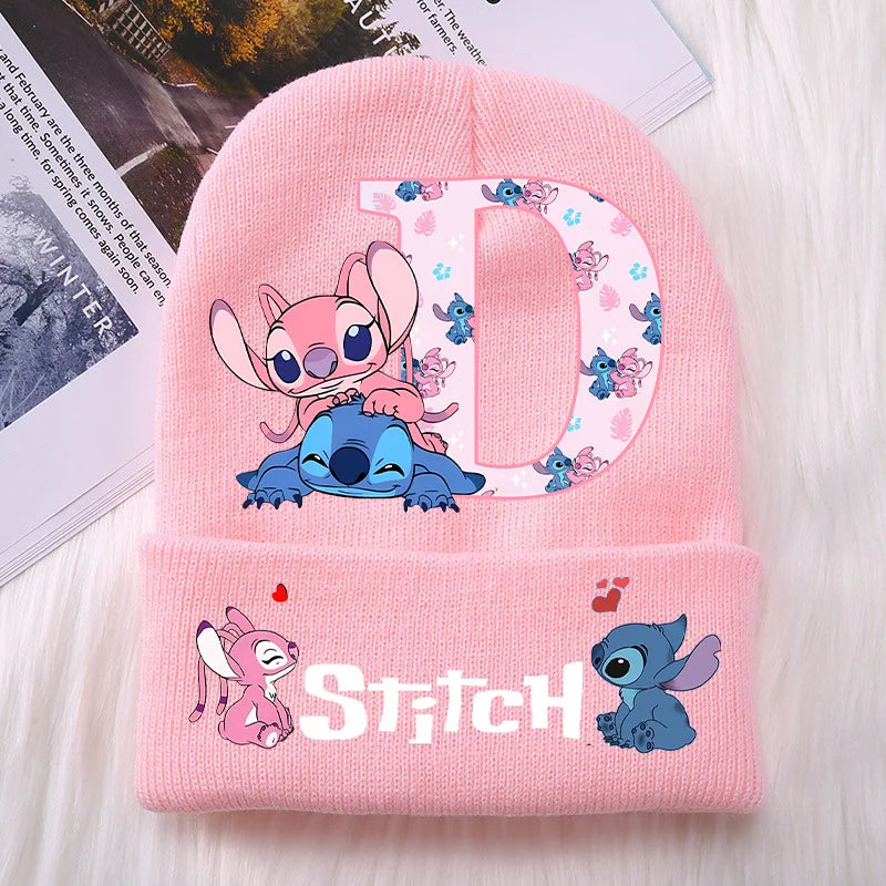 Stitch Angel Girls Knitted Caps Baby Hat Kawaii Cartoon Letter A-Z Printed Beanie Kids Winter Warm Accessories Christmas Gifts