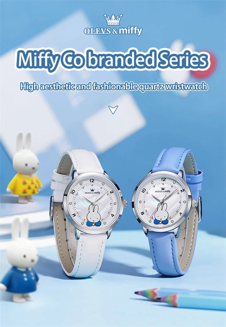 OLEVS & Miffy Joint Edition Women's Watches Casual Cute Style Original Quartz Watch for Girl Leather Strap Box Gift for Kids